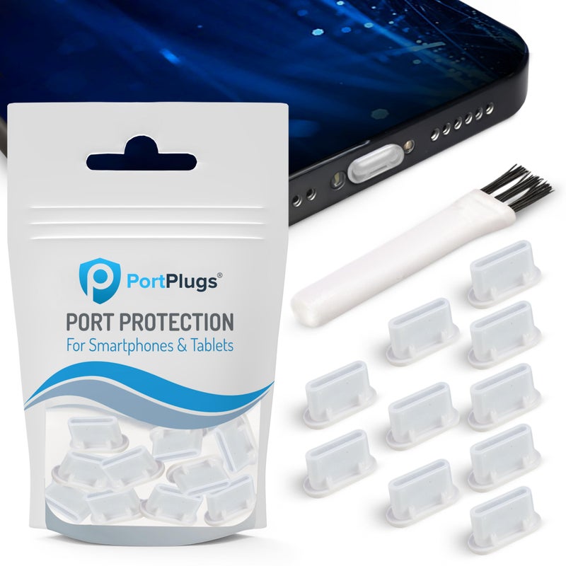 PortPlugs USB-C Dust Plugs â€“ Compatible with iPhone 15/16/17 & Air, iPad Pro/Mini, MacBook Pro/Air, Galaxy S25-S8, Pixel, Android & USB-C Devices â€“ Port Covers & Protectors, Brush- Clear (10-Pack) - Image 1